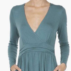 Women's Long Sleeve V-Neck Wrap Waist Pockets Pleated Maxi Dress in Teal